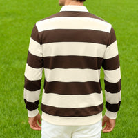 ZHYou Men Striped Rugby Shirts Long Sleeve Classic Collar Button Placket Contrast Horizontal Stripes Casual Comfort Tops,Brown,2XL
