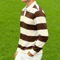 ZHYou Men Striped Rugby Shirts Long Sleeve Classic Collar Button Placket Contrast Horizontal Stripes Casual Comfort Tops,Brown,2XL