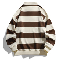 ZHYou Men Striped Rugby Shirts Long Sleeve Classic Collar Button Placket Contrast Horizontal Stripes Casual Comfort Tops,Brown,2XL