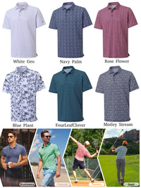 Xidunhg Men's Performance Golf Polo Shirt, Printed Short Sleeve, Dry Fit & Moisture Wicking, UPF 40+ 4-Way Stretch