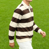 ZHYou Men Striped Rugby Shirts Long Sleeve Classic Collar Button Placket Contrast Horizontal Stripes Casual Comfort Tops,Brown,2XL