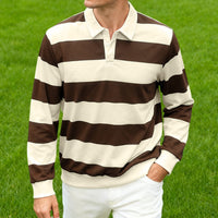 ZHYou Men Striped Rugby Shirts Long Sleeve Classic Collar Button Placket Contrast Horizontal Stripes Casual Comfort Tops,Brown,2XL