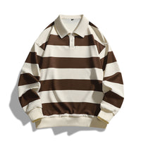 ZHYou Men Striped Rugby Shirts Long Sleeve Classic Collar Button Placket Contrast Horizontal Stripes Casual Comfort Tops,Brown,2XL