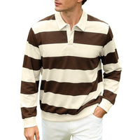 ZHYou Men Striped Rugby Shirts Long Sleeve Classic Collar Button Placket Contrast Horizontal Stripes Casual Comfort Tops,Brown,2XL