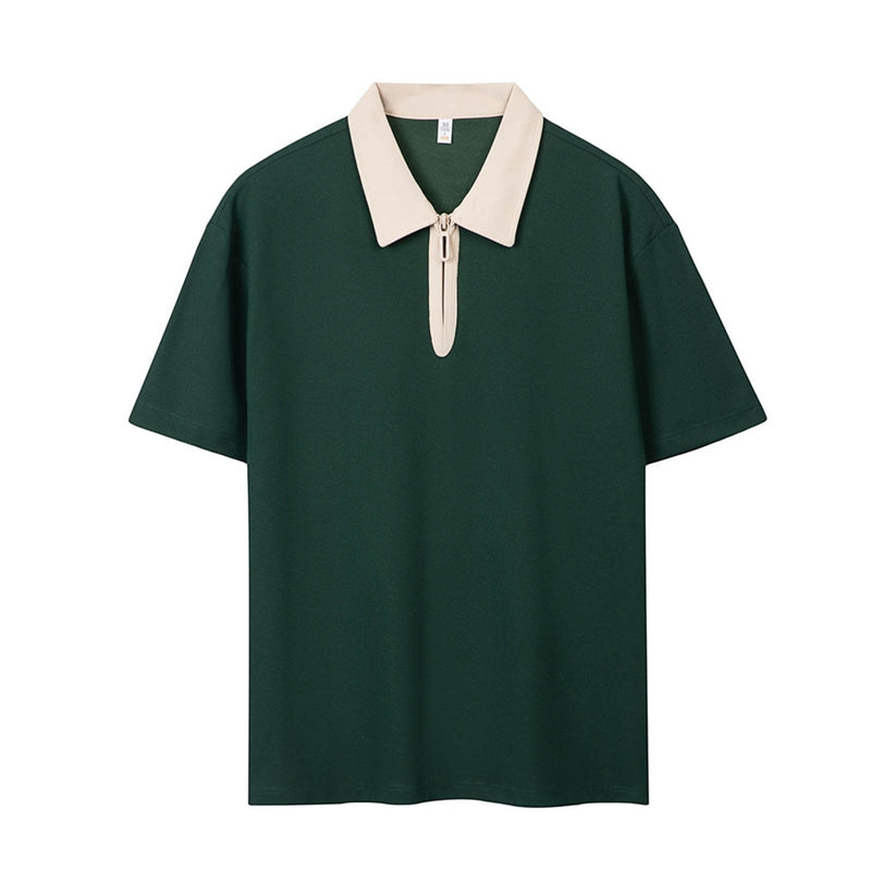Eltusu Men's Polo Shirts with Collar, Short Sleeve Pullover Zip Up Casual Summer Shirts Army Green Size L
