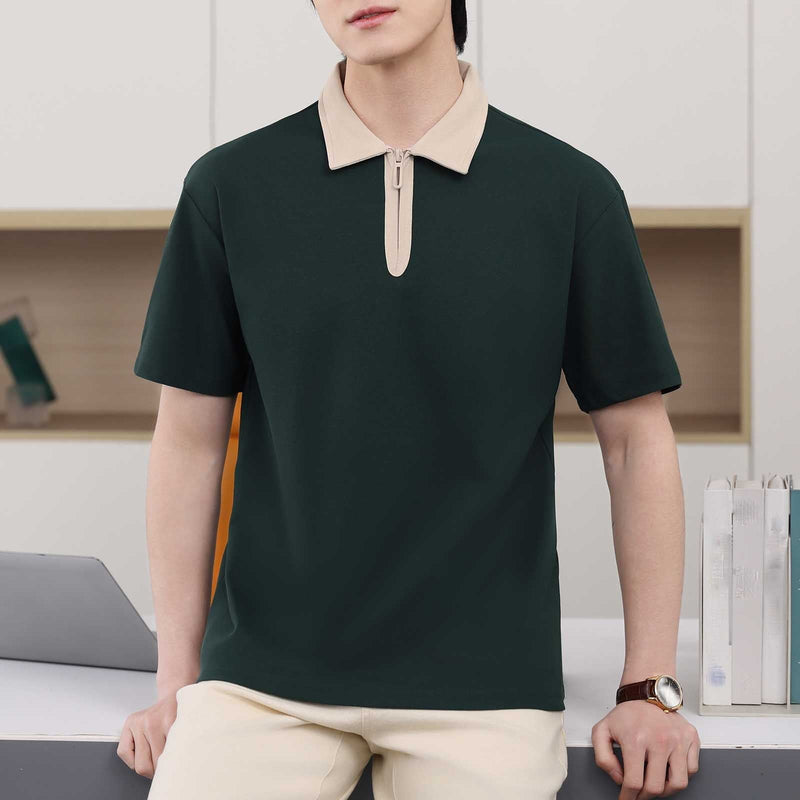 Eltusu Men's Polo Shirts with Collar, Short Sleeve Pullover Zip Up Casual Summer Shirts Army Green Size L