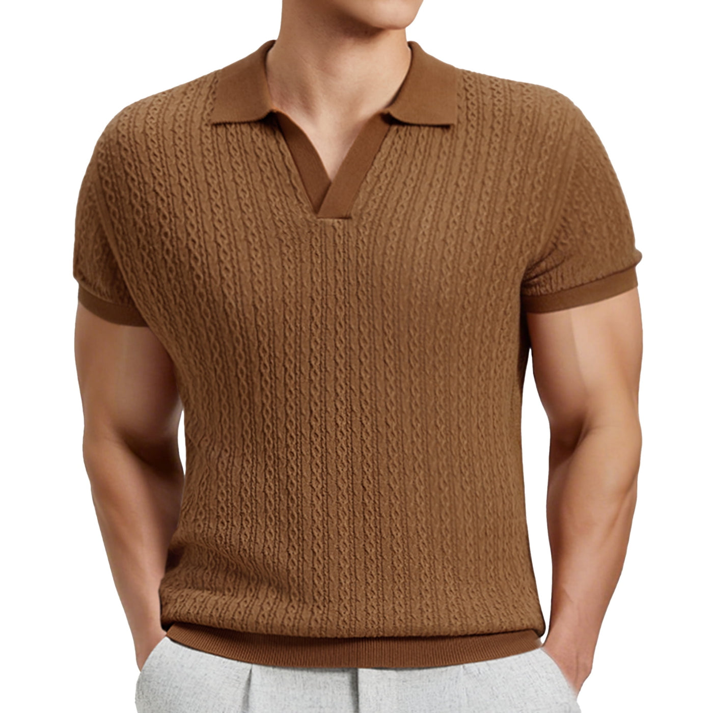 FEDTOSING Mens Knit Shirts Old Money Textured Short Sleeve V Veck Polo Sweater Summer Casual Shirt