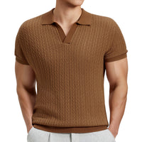 FEDTOSING Mens Knit Shirts Old Money Textured Short Sleeve V Veck Polo Sweater Summer Casual Shirt