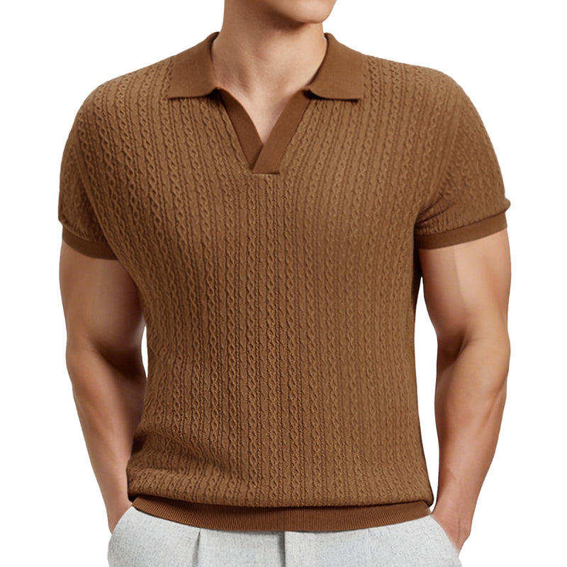 FEDTOSING Mens Knit Shirts Old Money Textured Short Sleeve V Veck Polo Sweater Summer Casual Shirt