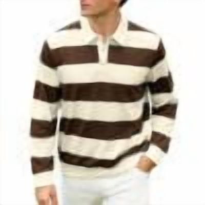 ZHYou Men Striped Rugby Shirts Long Sleeve Classic Collar Button Placket Contrast Horizontal Stripes Casual Comfort Tops,Brown,2XL
