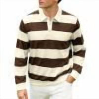 ZHYou Men Striped Rugby Shirts Long Sleeve Classic Collar Button Placket Contrast Horizontal Stripes Casual Comfort Tops,Brown,2XL