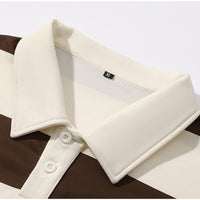 ZHYou Men Striped Rugby Shirts Long Sleeve Classic Collar Button Placket Contrast Horizontal Stripes Casual Comfort Tops,Brown,2XL